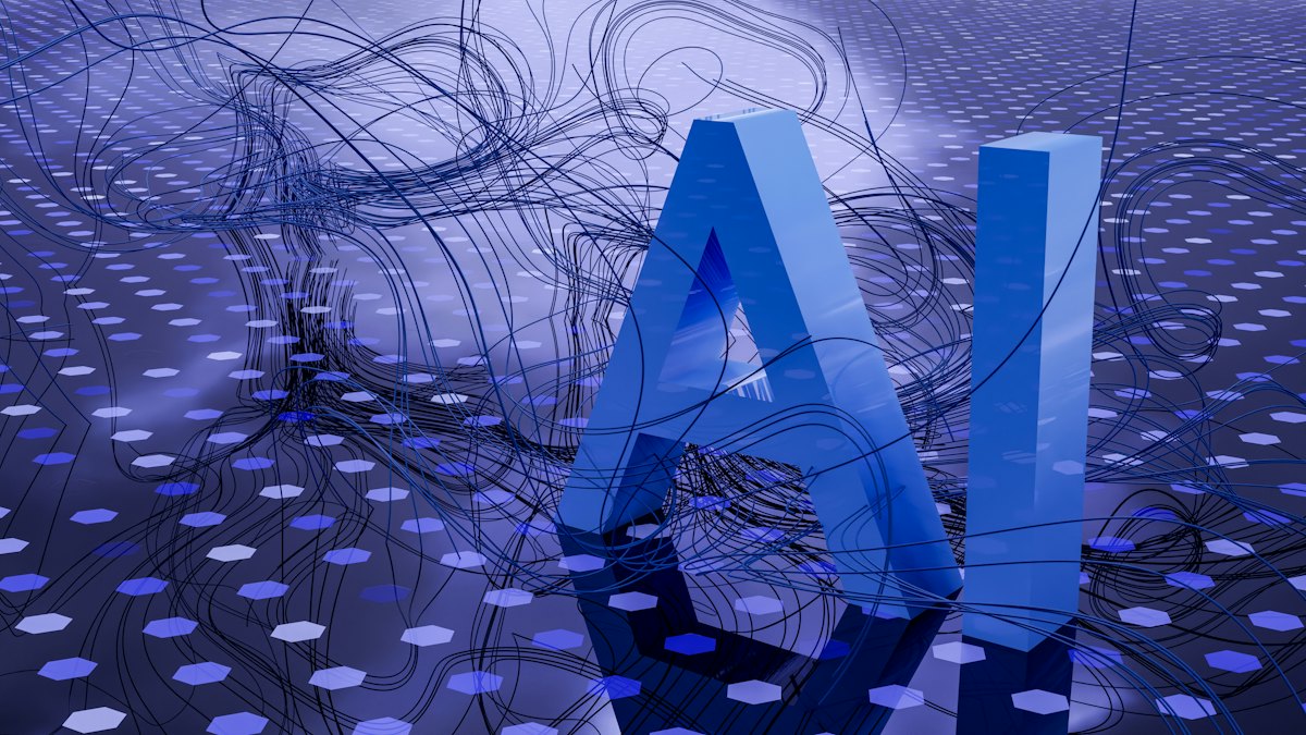 Large blue letters AI over a patterned digital background