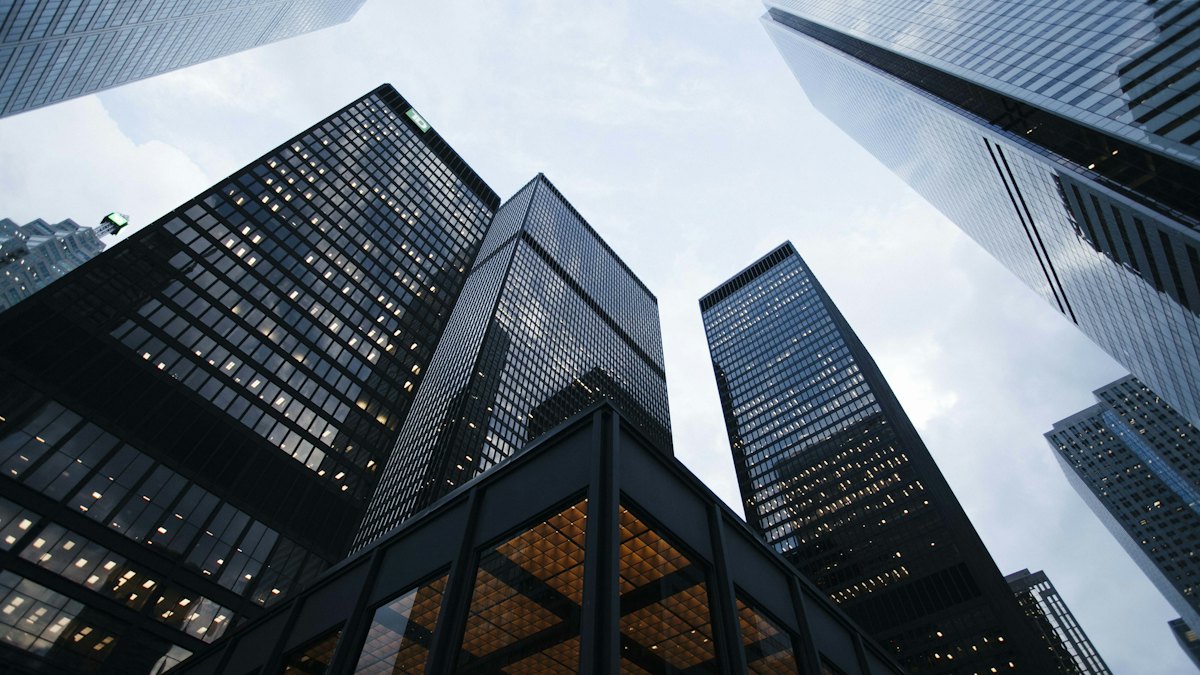 Glass skyscrapers seen from street level